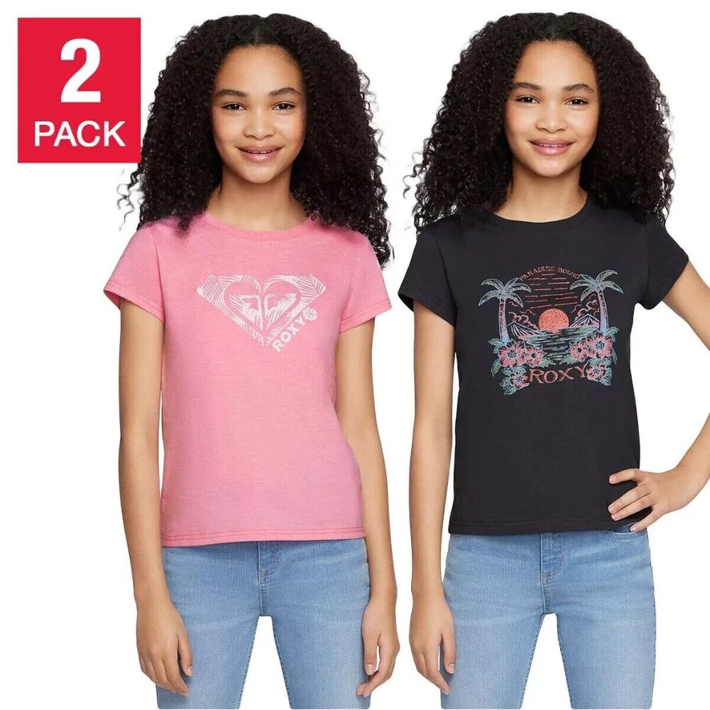 ROXY Girls Size XL 18/20 Black Pink Pack of 2 Tees T-Shirts NWT